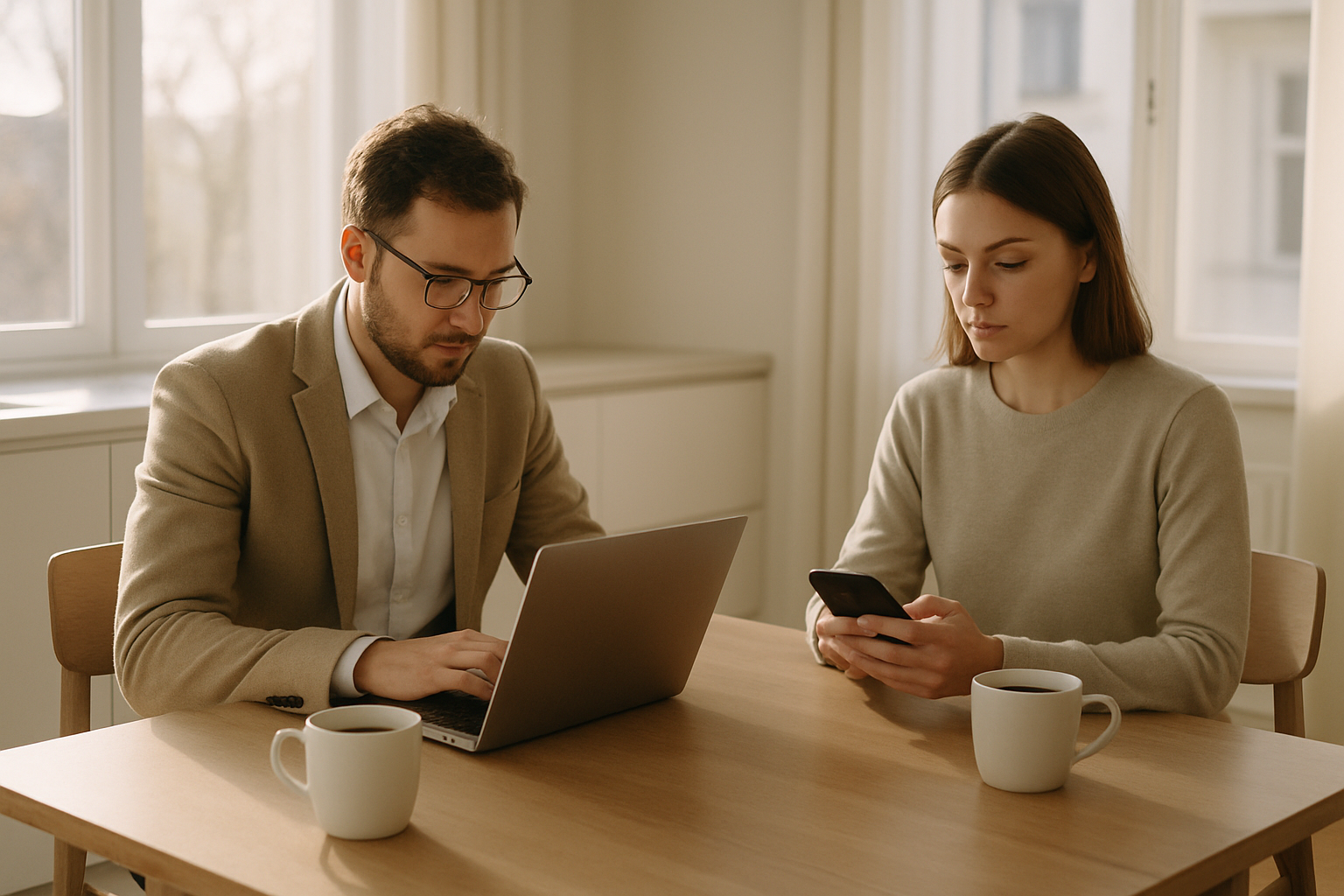 Two partners sitting at a table together, each on their own device