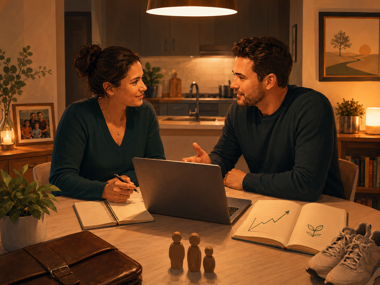 Two partners at a table discussing their four life domains